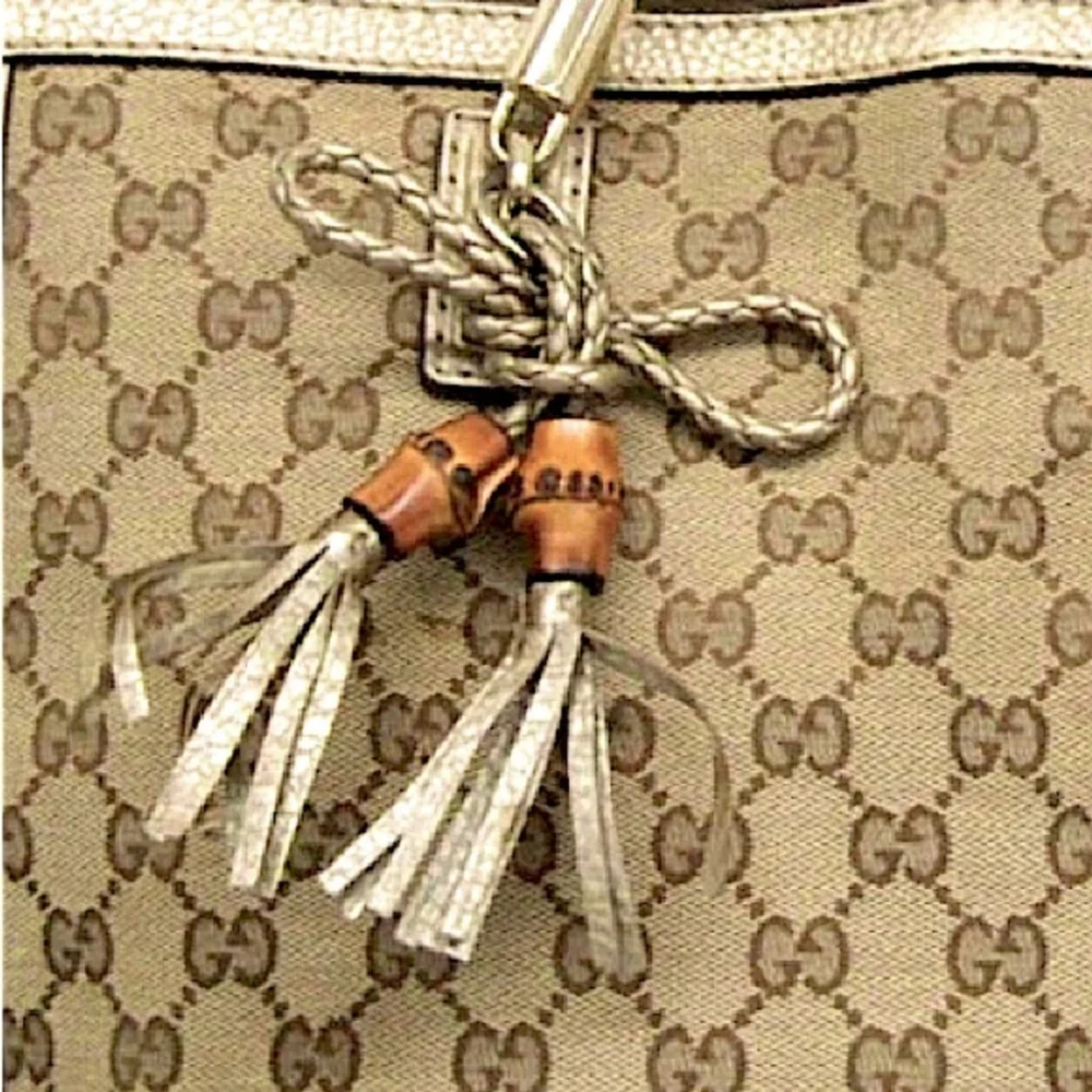 GUCCI Bella GG Canvas Leather Shoulder Bag Braided Leather Strap Bamboo Tassel